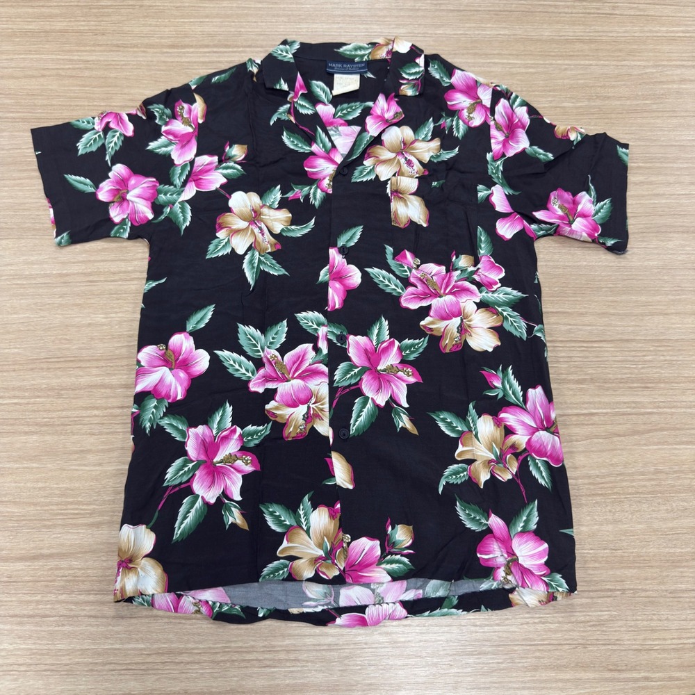 Vintage Mark Raysten Hawaiian Aloha Shirt Mens Small Black Floral Hibiscus